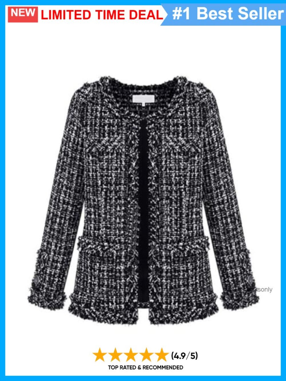Tweed Blazer Jacket Collarless Open Front Business Casual